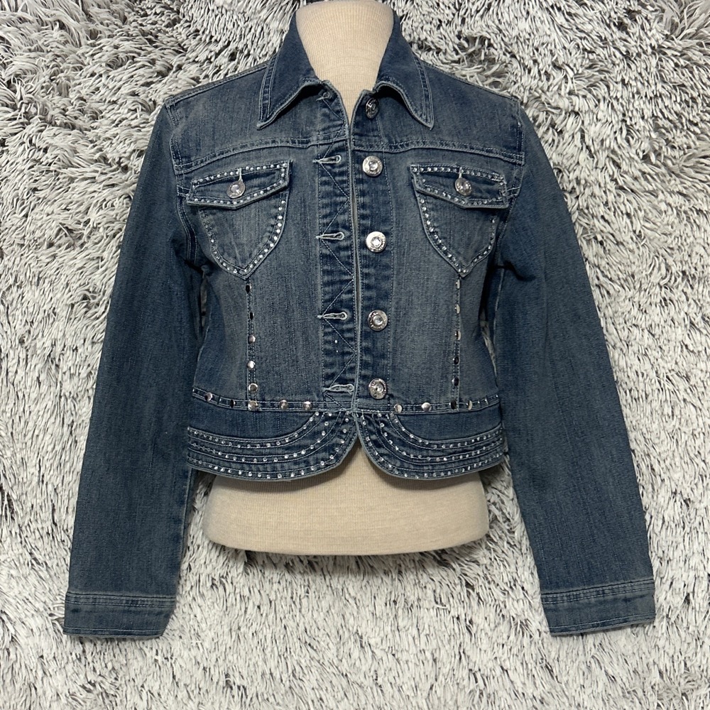 Denim Jacket Rhinestone Silver Western Metal Glam Bling Festival Short Medium